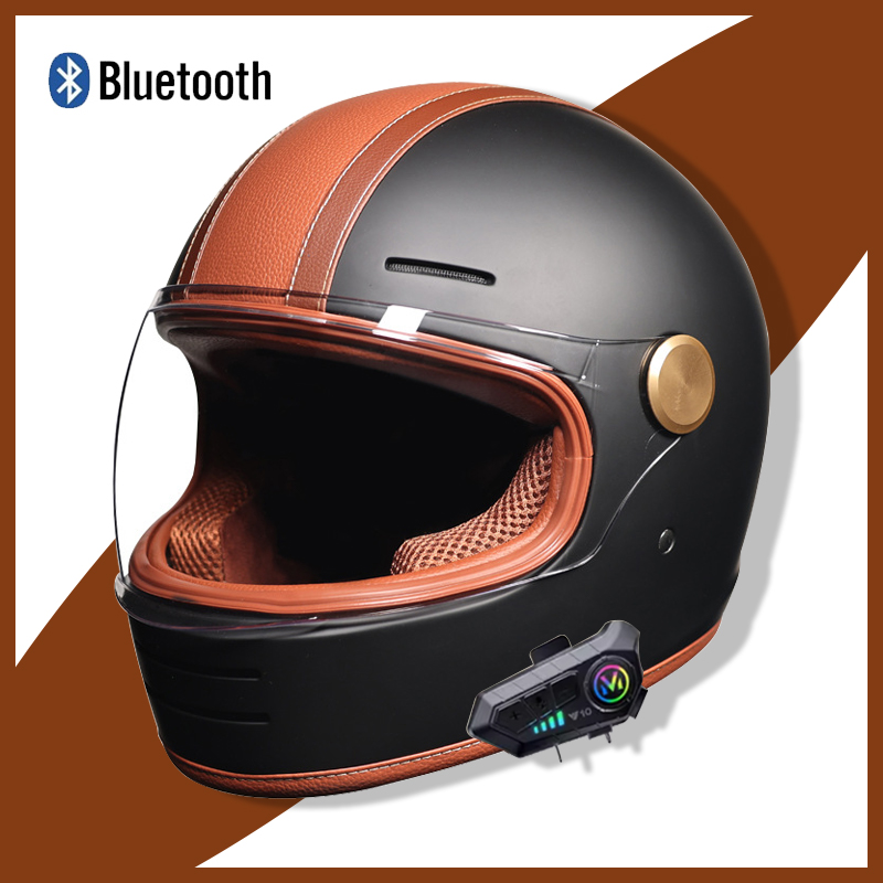 Full Face Motorcycle Helmet With Bluetooth - Casco retro de cara completa con